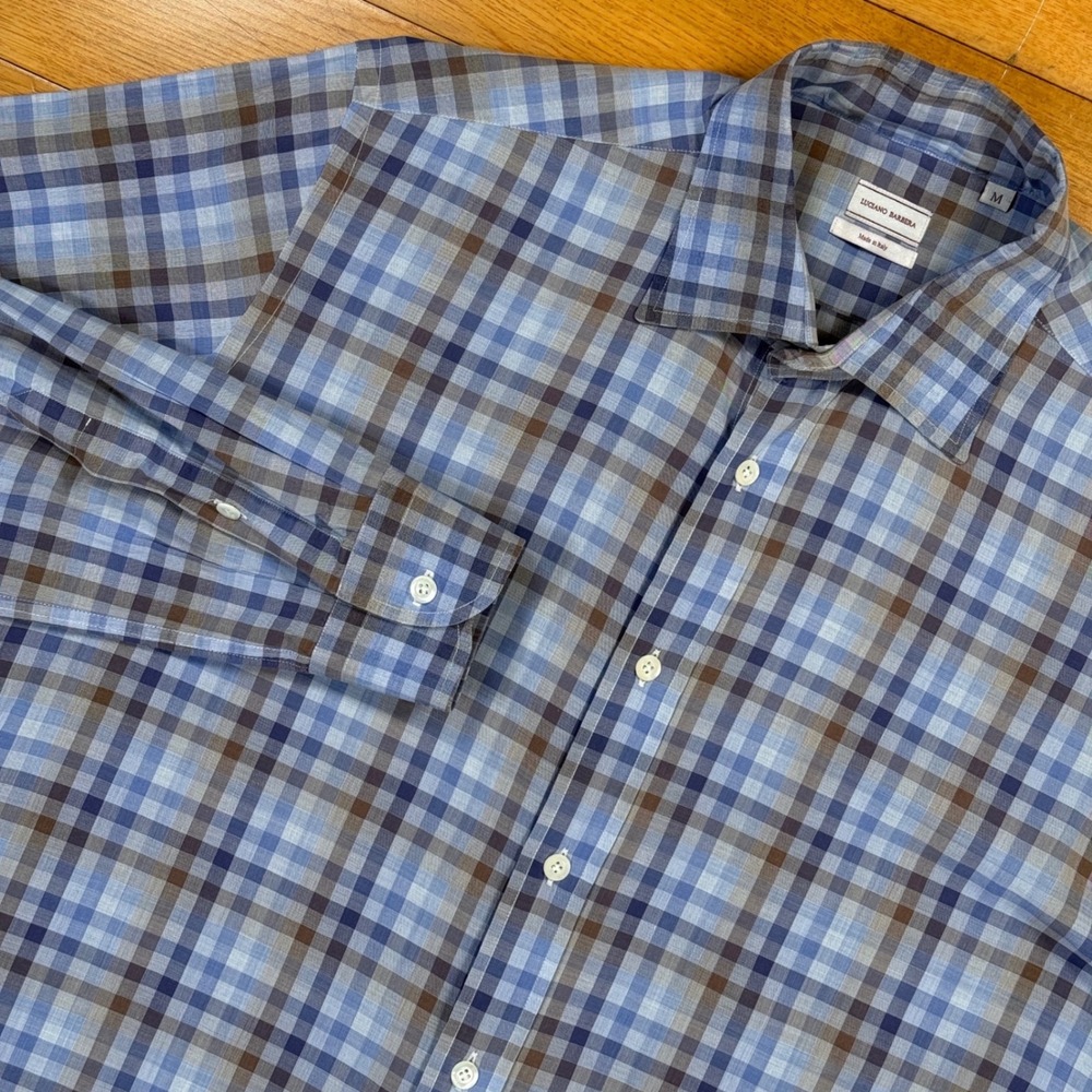Luciano Barbera Mens Medium Blue Brown Plaid Cotton Button Down Shirt Italy